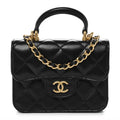 Lambskin Quilted Top Handle Flap Coin Purse With Chain Black