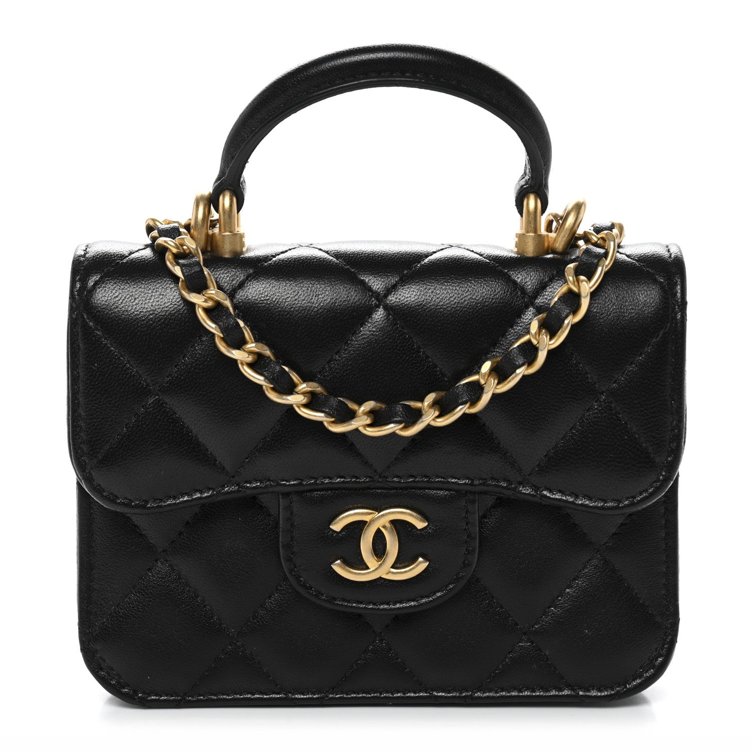 Lambskin Quilted Top Handle Flap Coin Purse With Chain Black