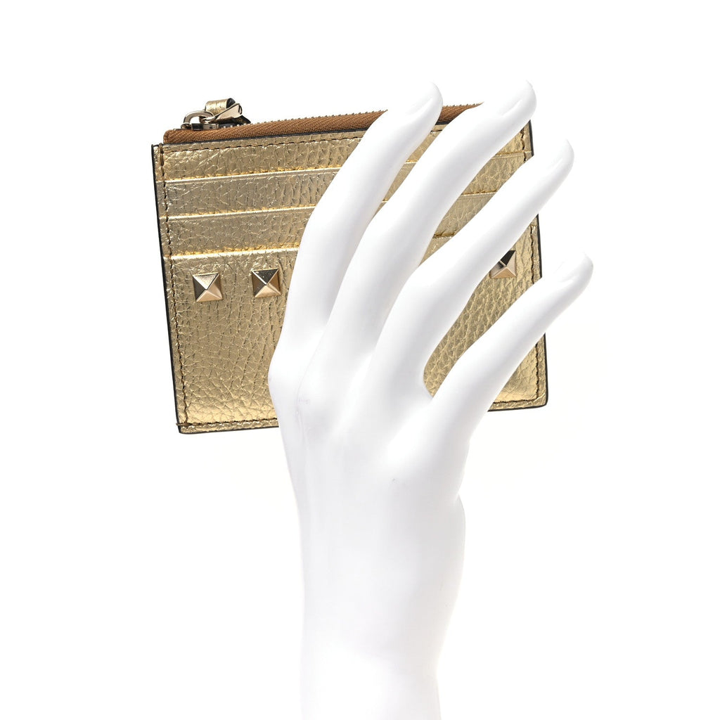Metallic Pebbled Calfskin Rockstud  Holder With Zipper Gold