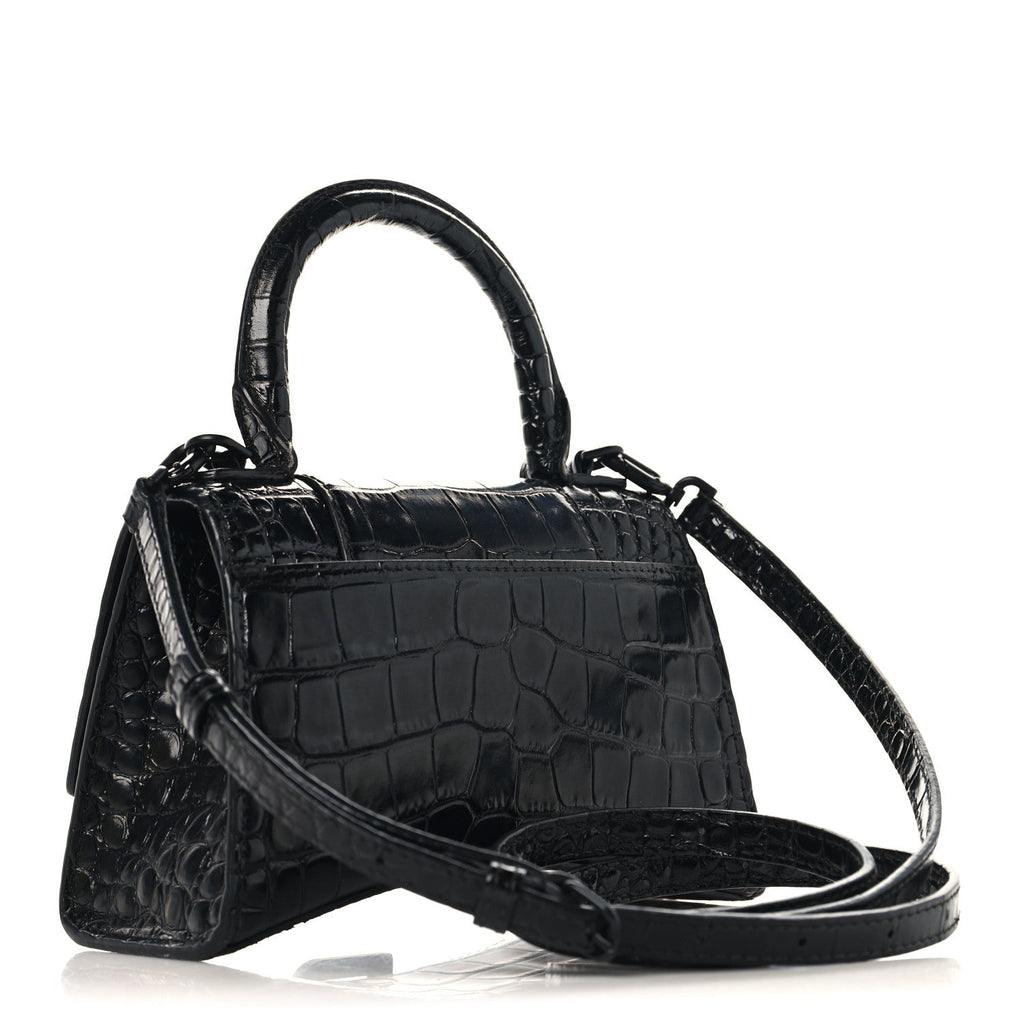 Shiny Calfskin Monochrome Crocodile Embossed Small Hourglass Top Handle Bag Black