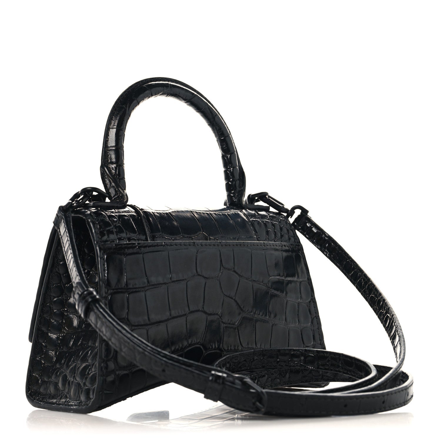 Shiny Calfskin Monochrome Crocodile Embossed Small Hourglass Top Handle Bag Black