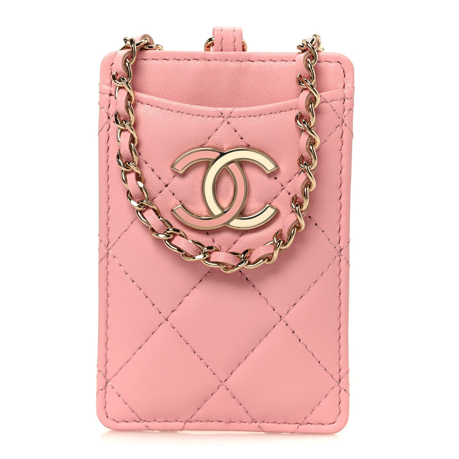 Lambskin Quilted Enamel Chanel  Holder On Chain Light Pink