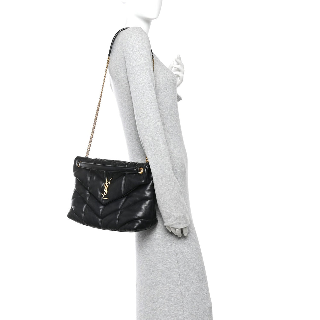 Lambskin Quilted Medium Loulou Puffer Monogram Chain Satchel Black