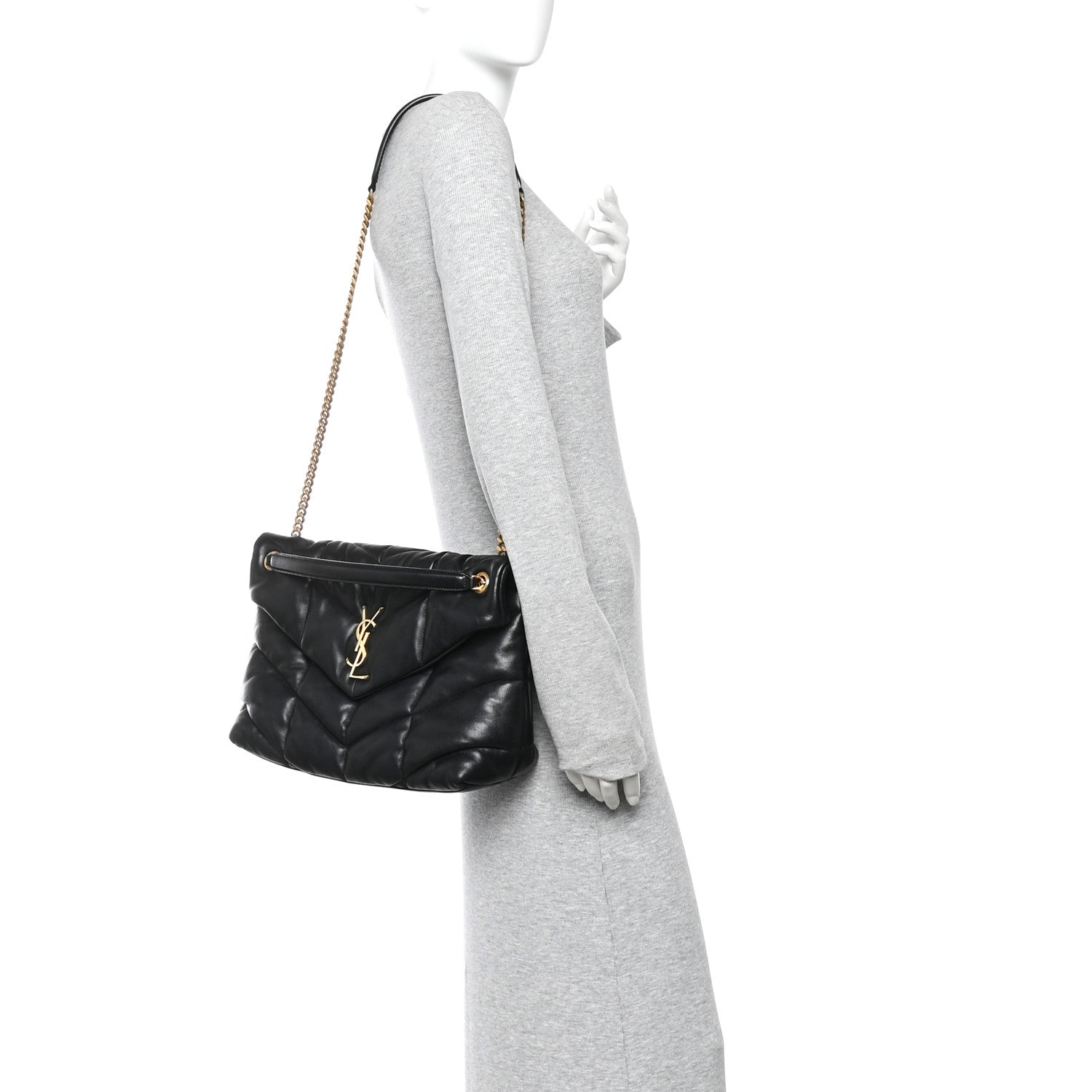 Lambskin Quilted Medium Loulou Puffer Monogram Chain Satchel Black