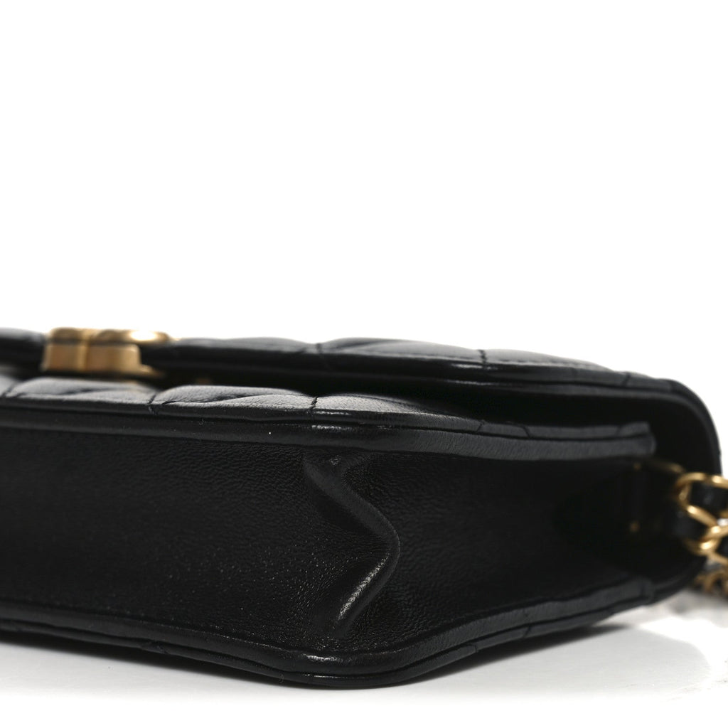 Lambskin Quilted Double Chain Flap Phone Holder With Chain Black