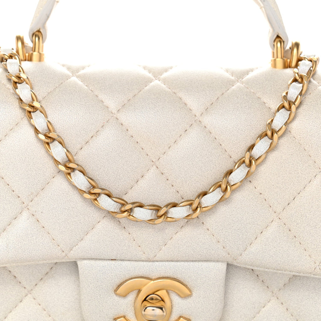 Iridescent Lambskin Quilted Mini Top Handle Rectangular Flap White