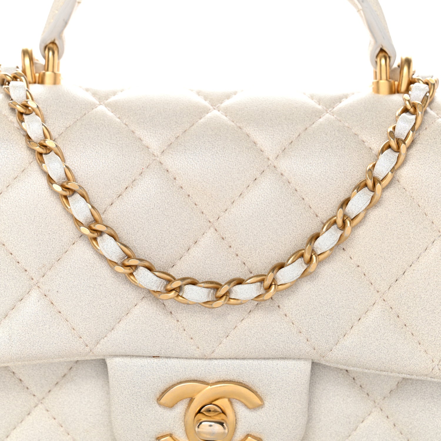 Iridescent Lambskin Quilted Mini Top Handle Rectangular Flap White