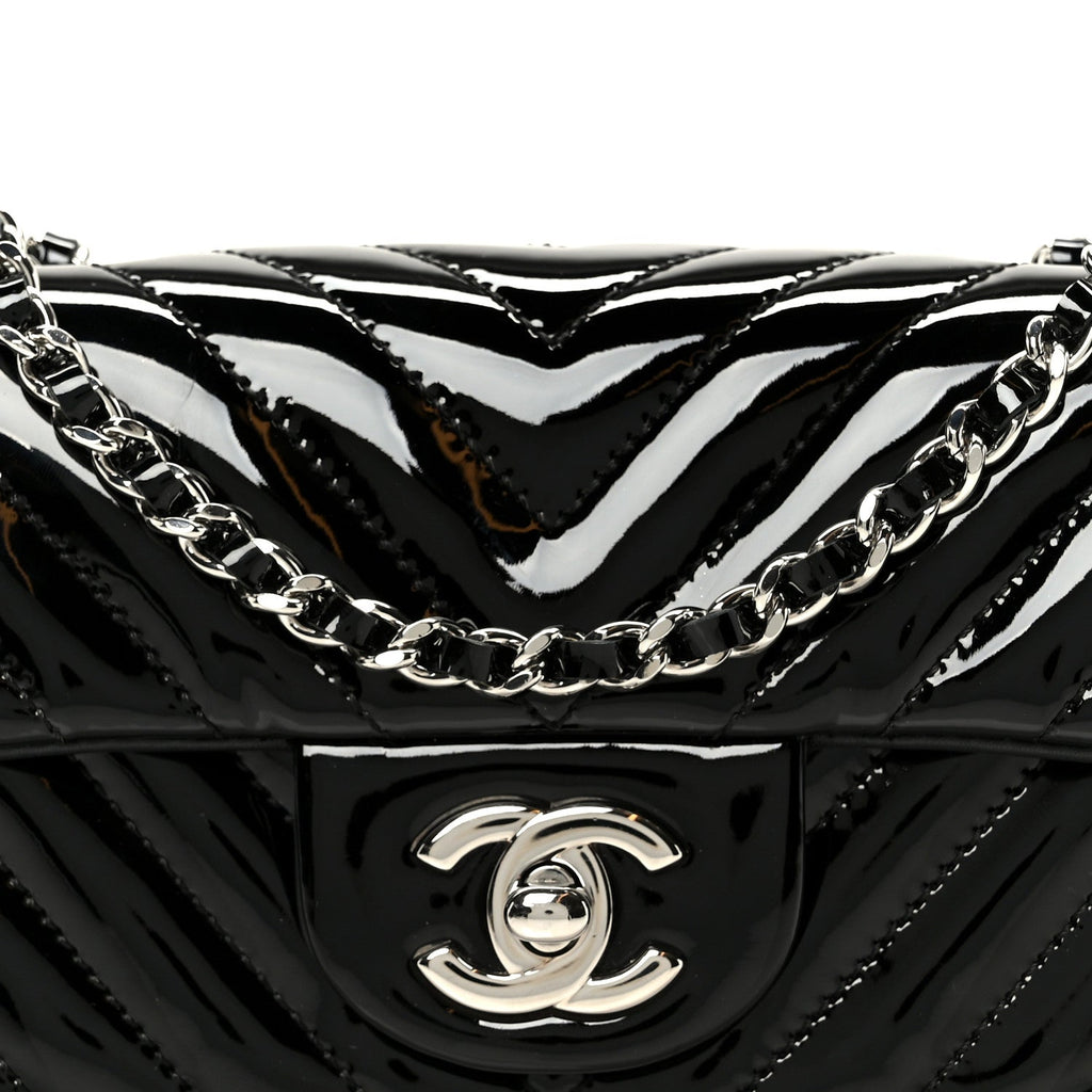 Patent Calfskin Chevron Quilted Extra Mini Flap Black