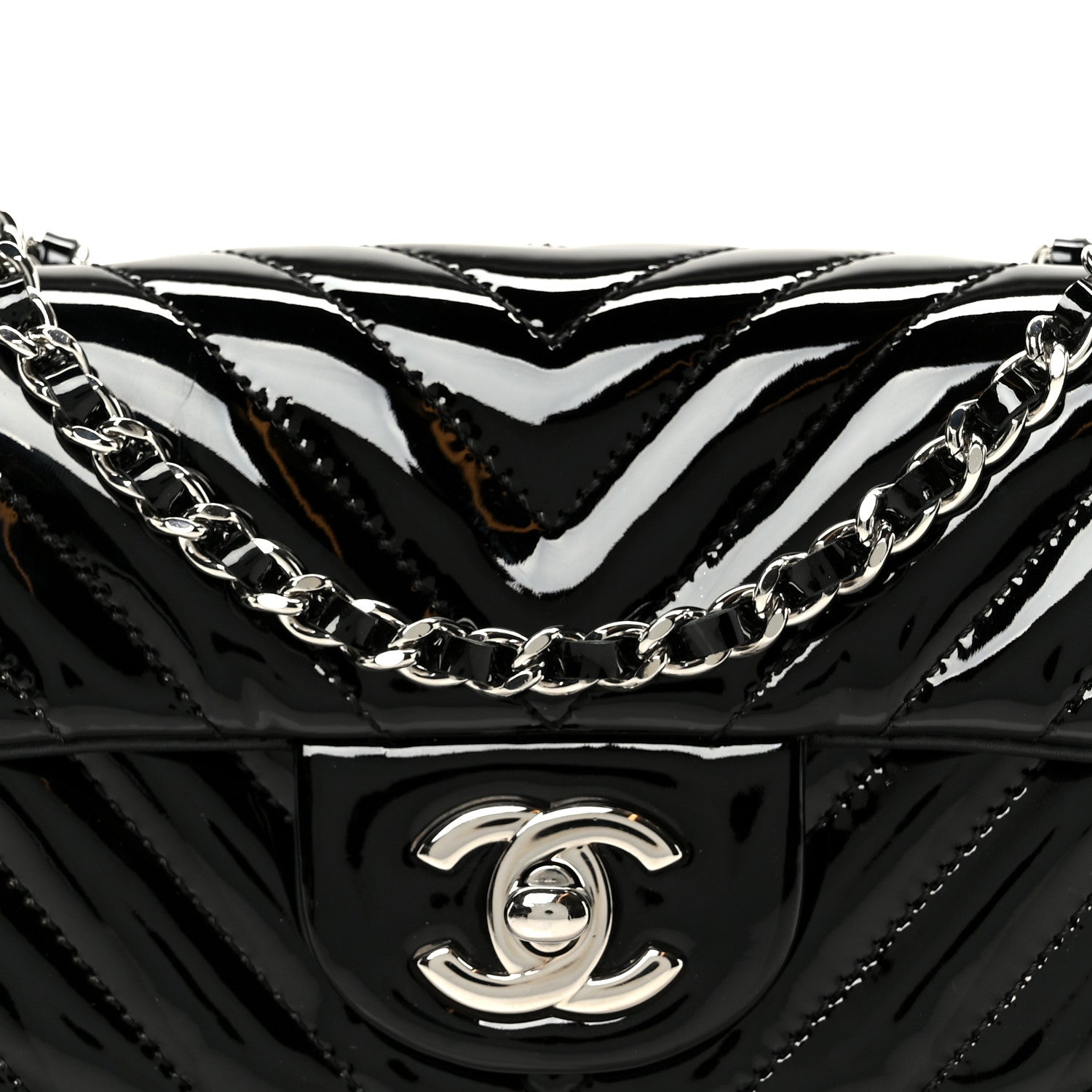 Patent Calfskin Chevron Quilted Extra Mini Flap Black