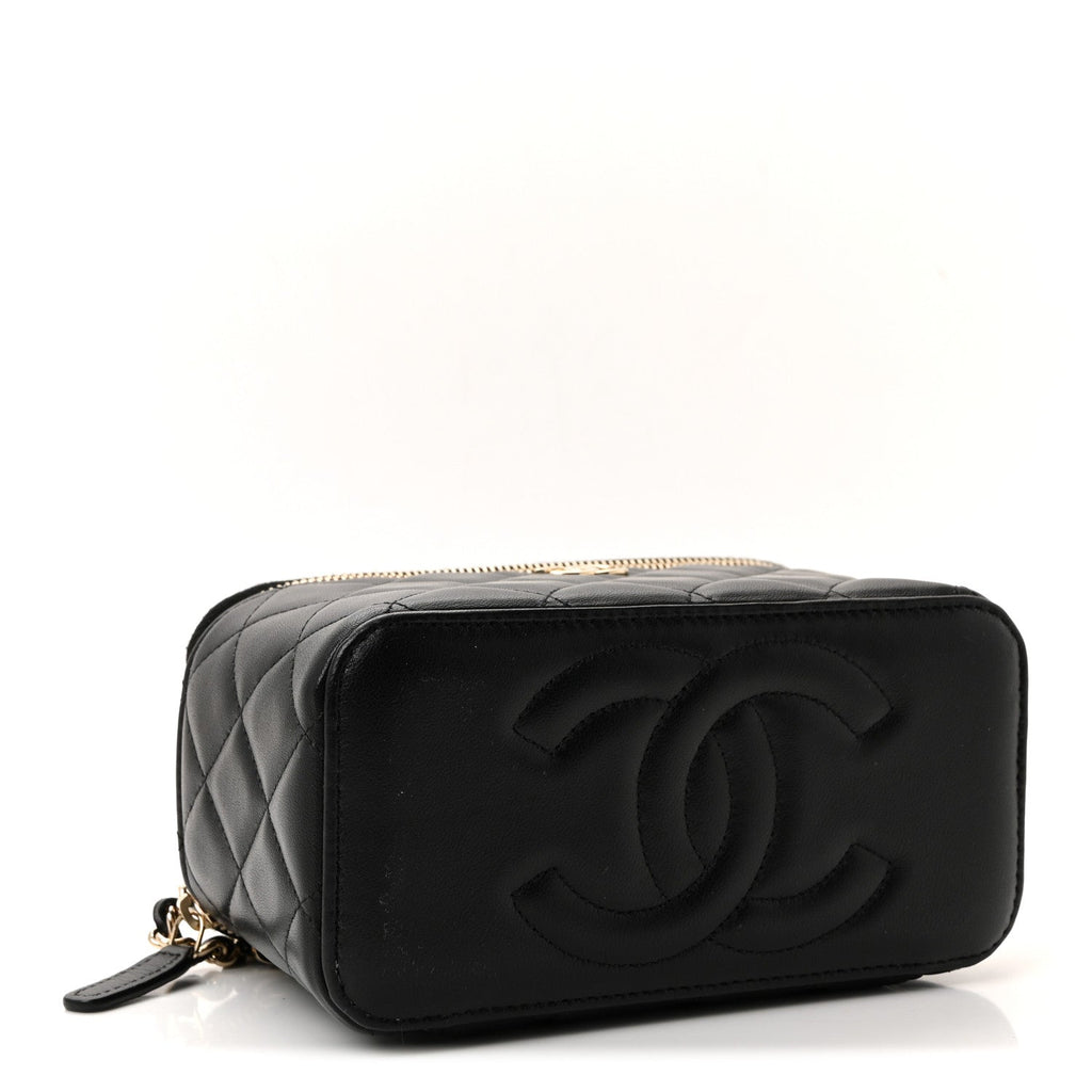 Lambskin Quilted Small Top Handle Vanity Case With Chain Black