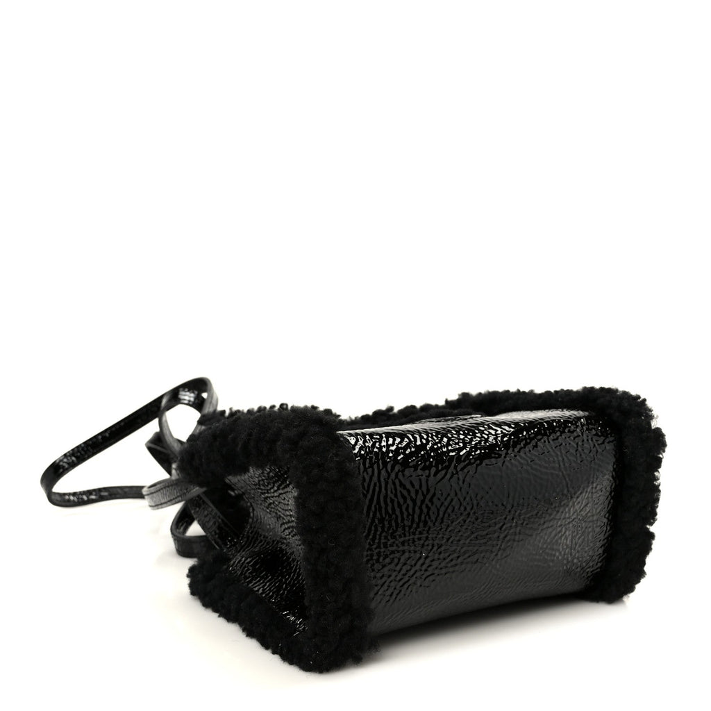 X UGG Crinkle Patent Shearling Small Shopping Bag Black