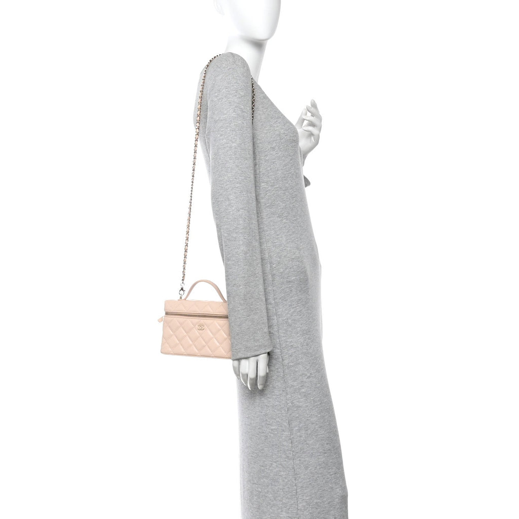 Caviar Quilted Top Handle Slim Vanity With Chain Beige
