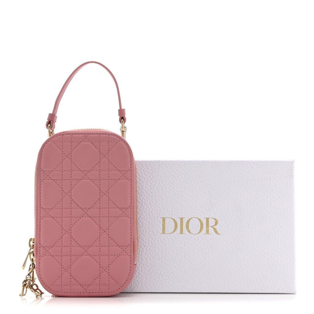 Lambskin Cannage Lady Dior Phone Holder Deep Nude