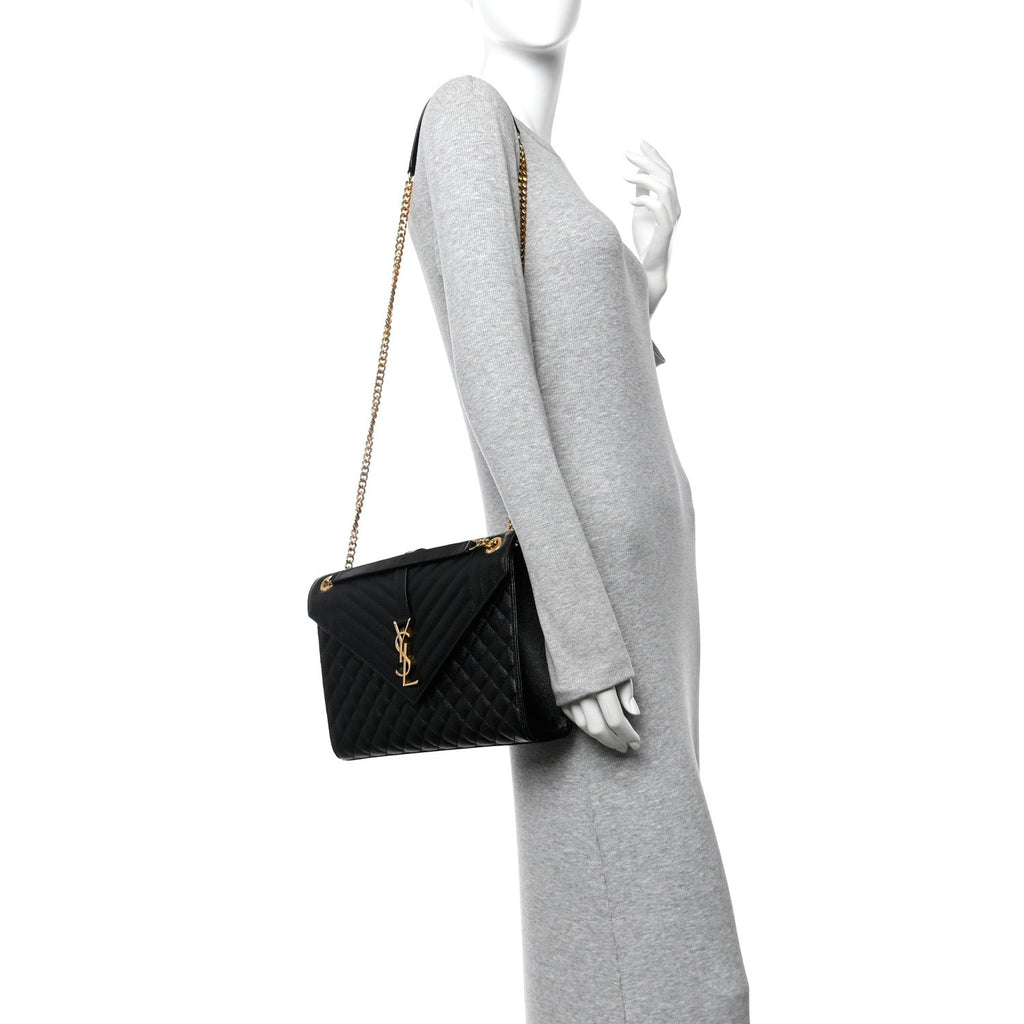 Grain De Poudre Textured Mixed Matelasse Large Triquilt Monogram Satchel Black