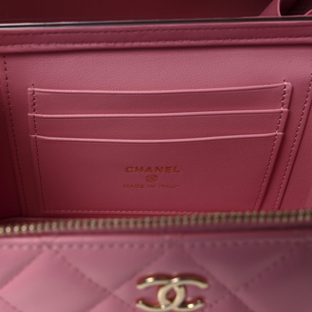 Lambskin Quilted Small Top Handle Vanity Case With Chain Pink