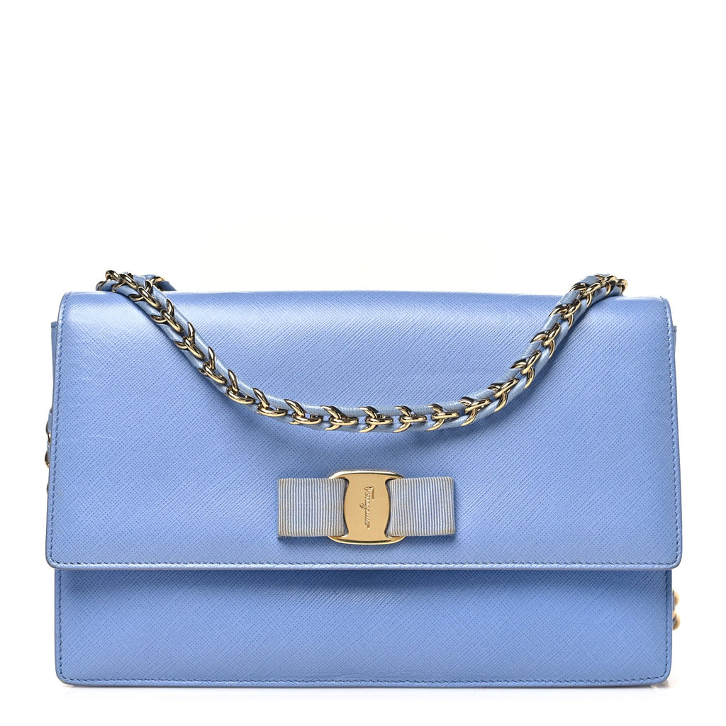 Hammered Calfskin Vara Bow Chain Crossbody Blue