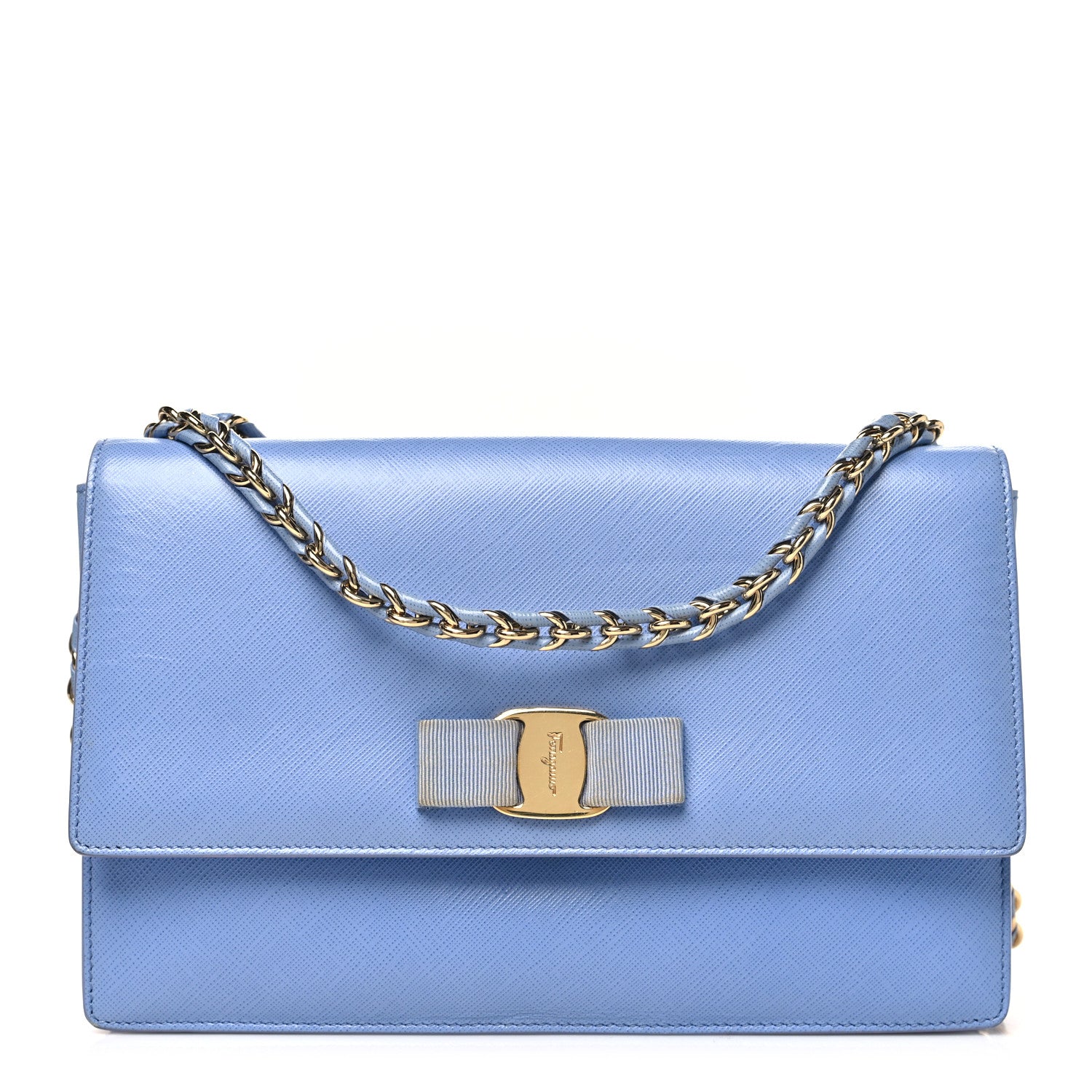 Hammered Calfskin Vara Bow Chain Crossbody Blue