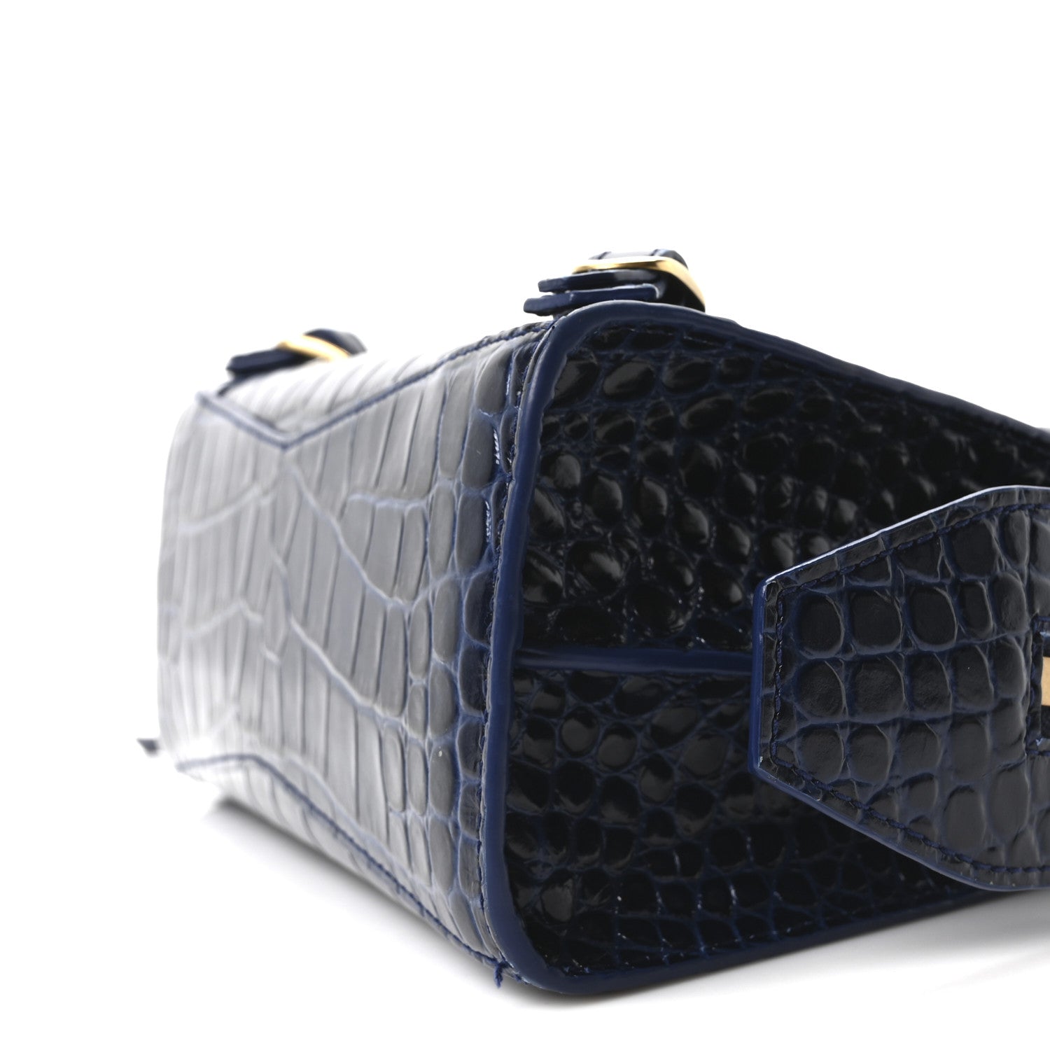 Shiny Supple Calfskin Crocodile Embossed Neo Classic Gold Hardware Mini City Navy
