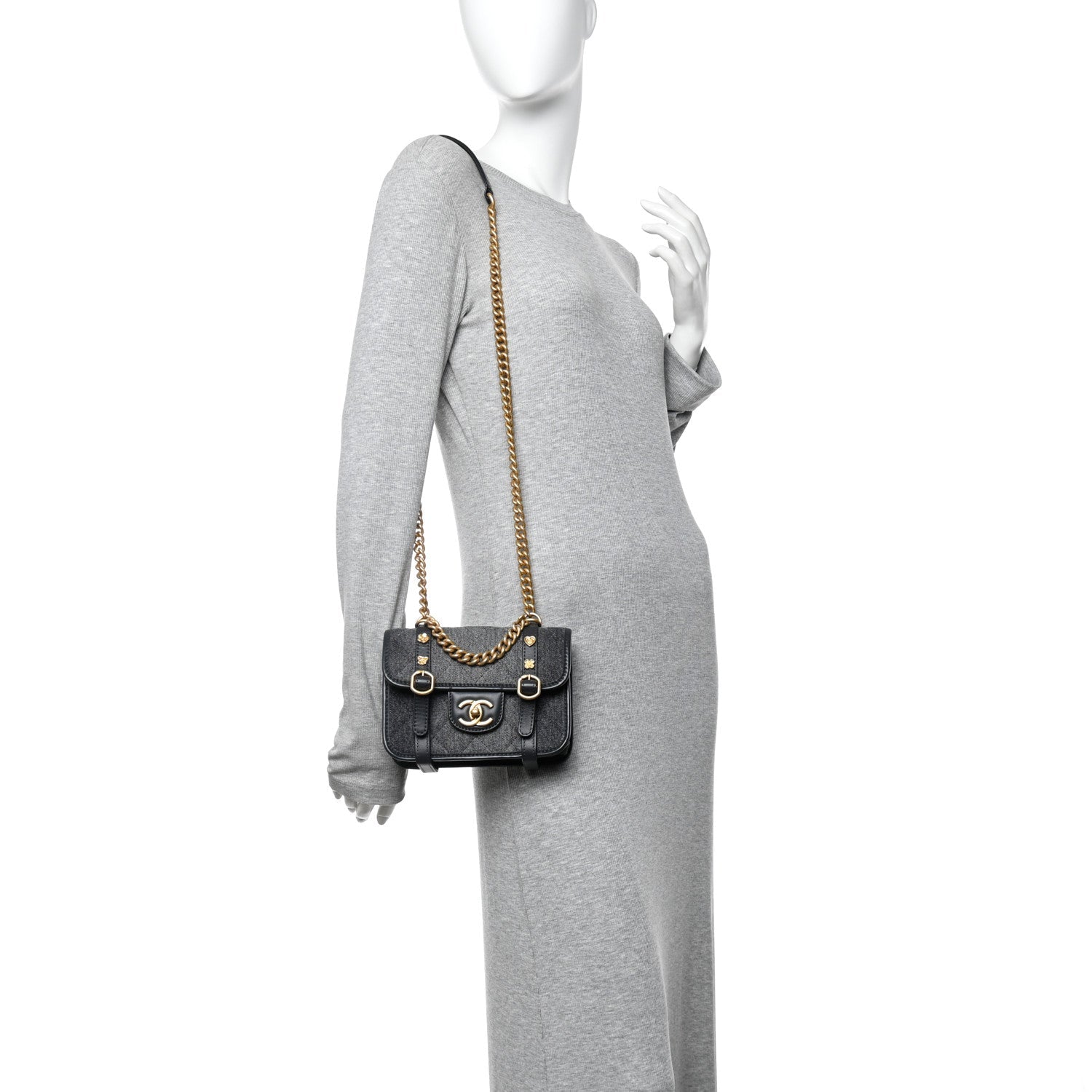 Denim Quilted Mini Flap Grey