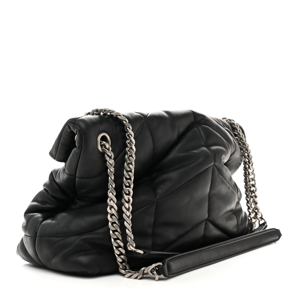 Lambskin Quilted Medium Loulou Puffer Monogram Chain Satchel Black