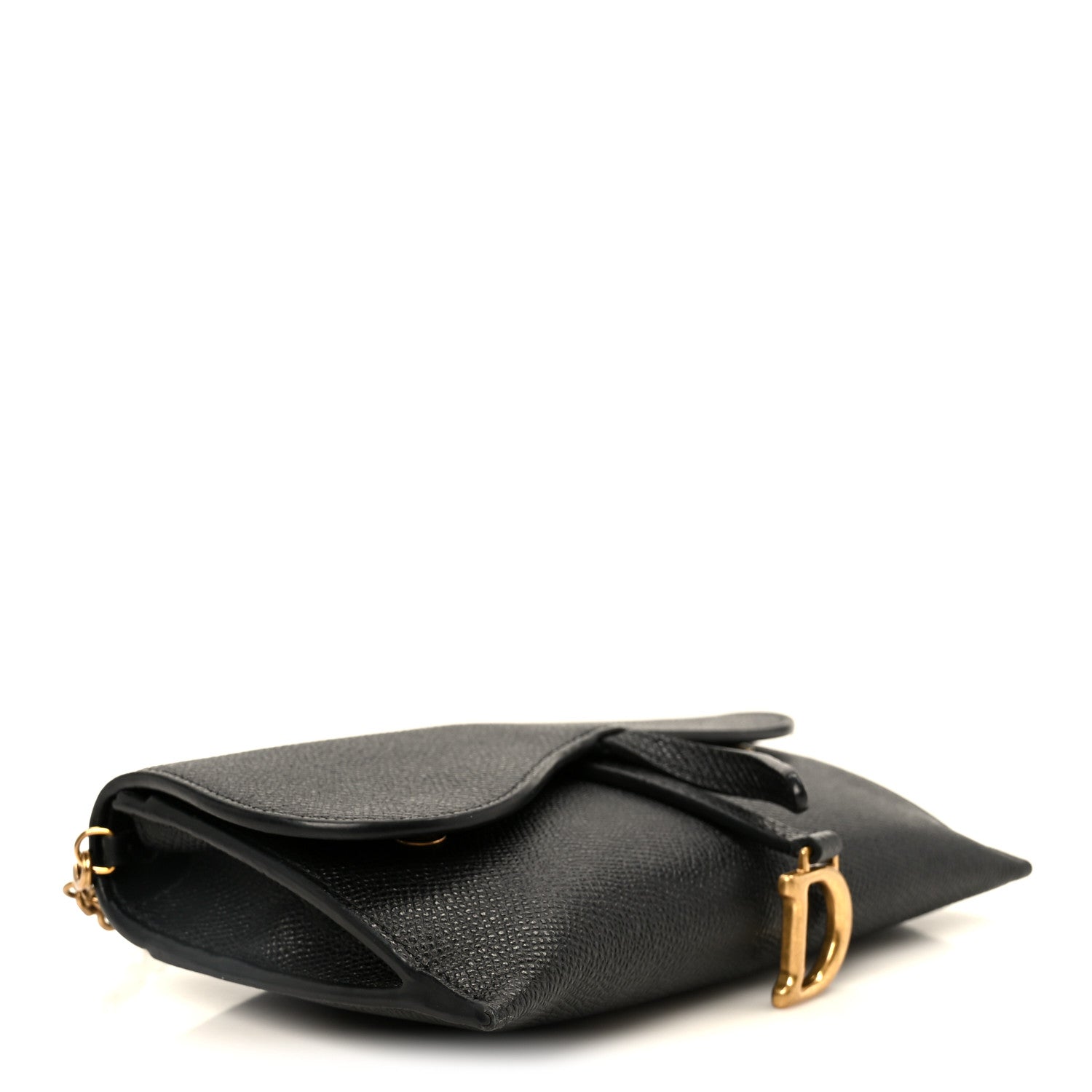 Grained Calfskin Saddle Chain Wallet Pouch Black