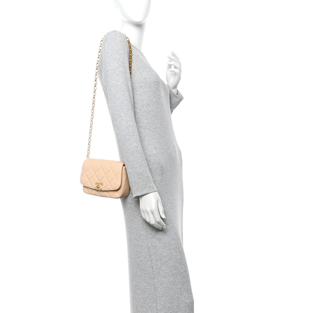 Lambskin Quilted CC Coin Flap Bag Beige