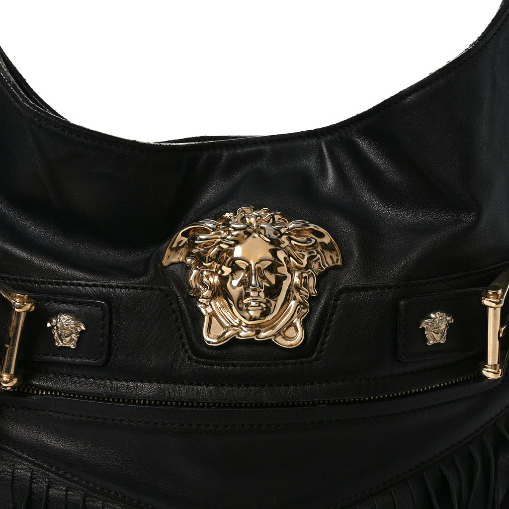 Calfskin Palazzo Fringe Shoulder Bag Black