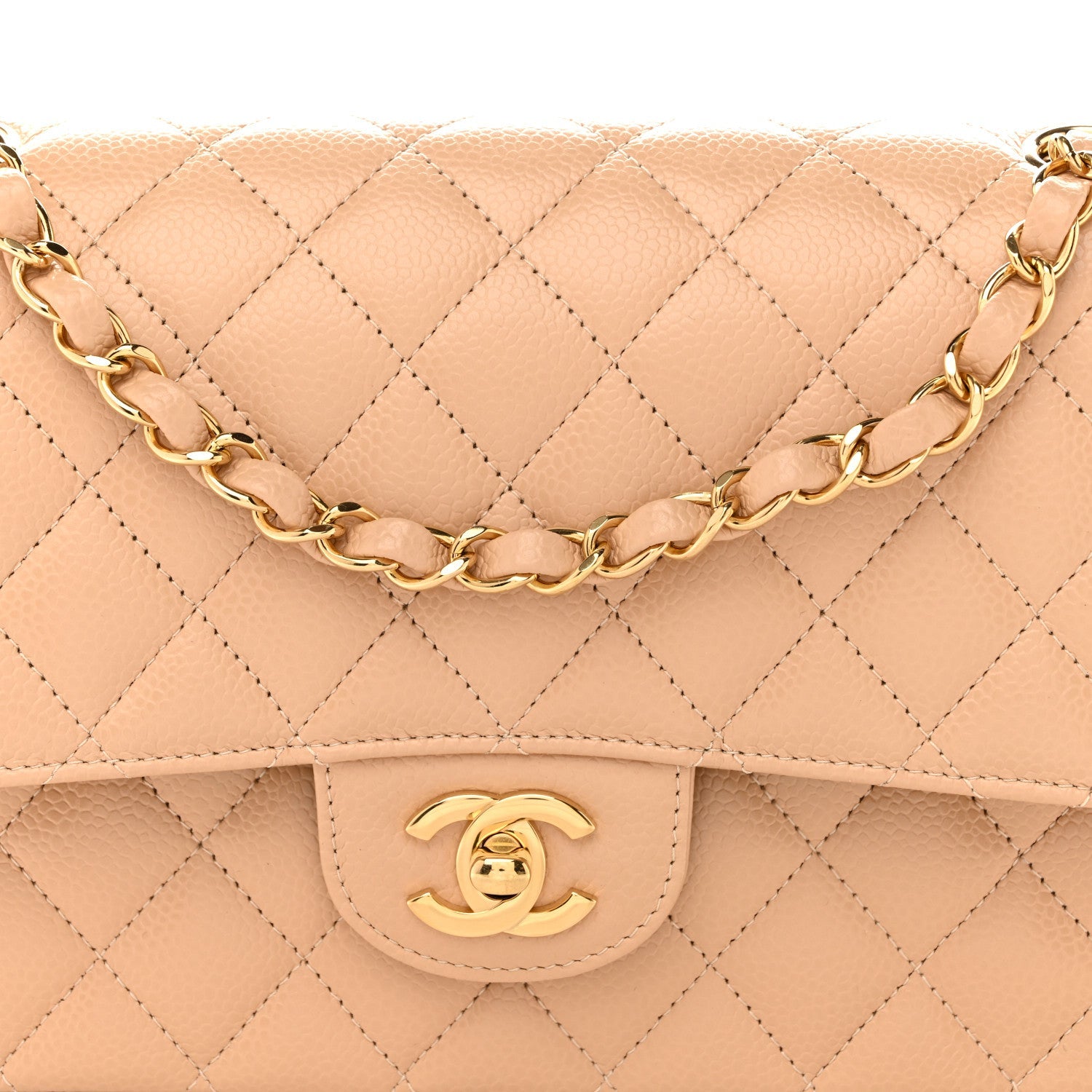 Caviar Quilted Medium Double Flap Beige