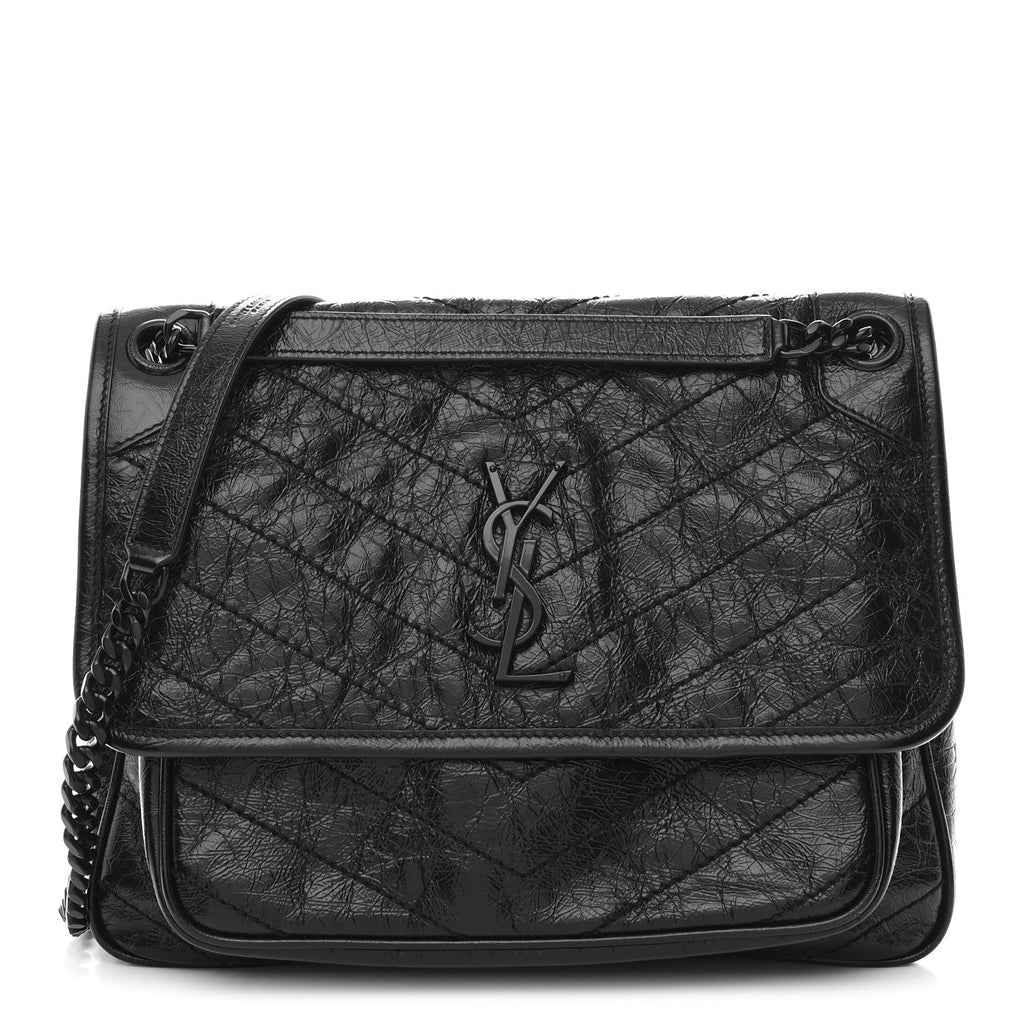Crinkled Calfskin Matelasse Monogram Medium Niki Chain Satchel Black