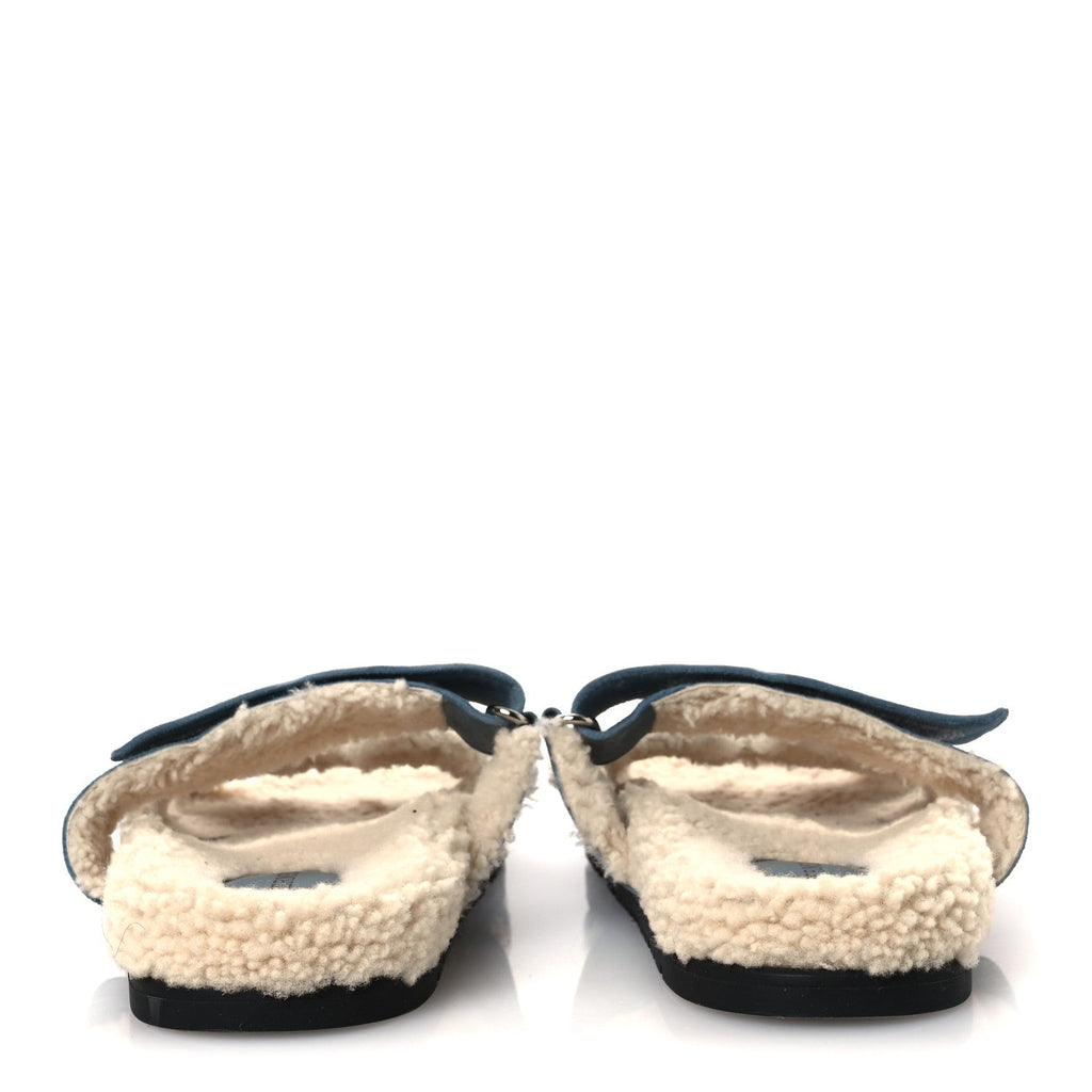 Suede Goatskin Woolskin Womens Chypre Sandals 38 Bleu Pinede Ecru