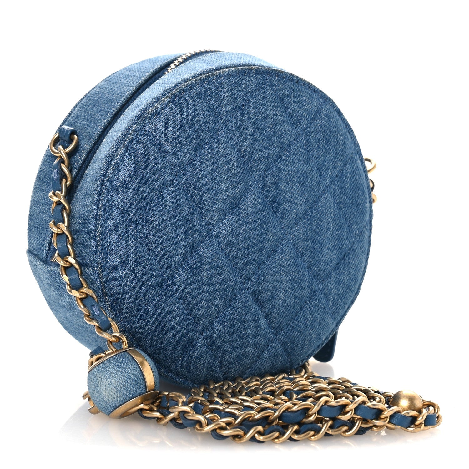 Denim Quilted Round Pearl Crush Clutch With Chain Blue