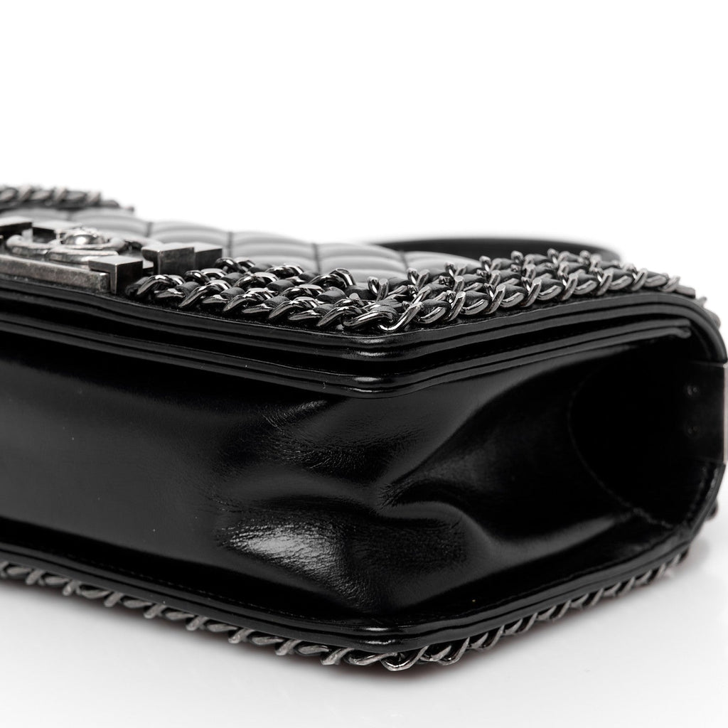 Glazed Calfskin Quilted Small Boy Chained Flap Black