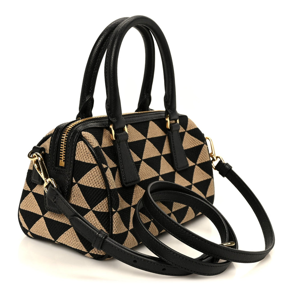 Jacquard Saffiano Triangolo Symbole Embroidered Top Handle Crossbody Bag Black Corda