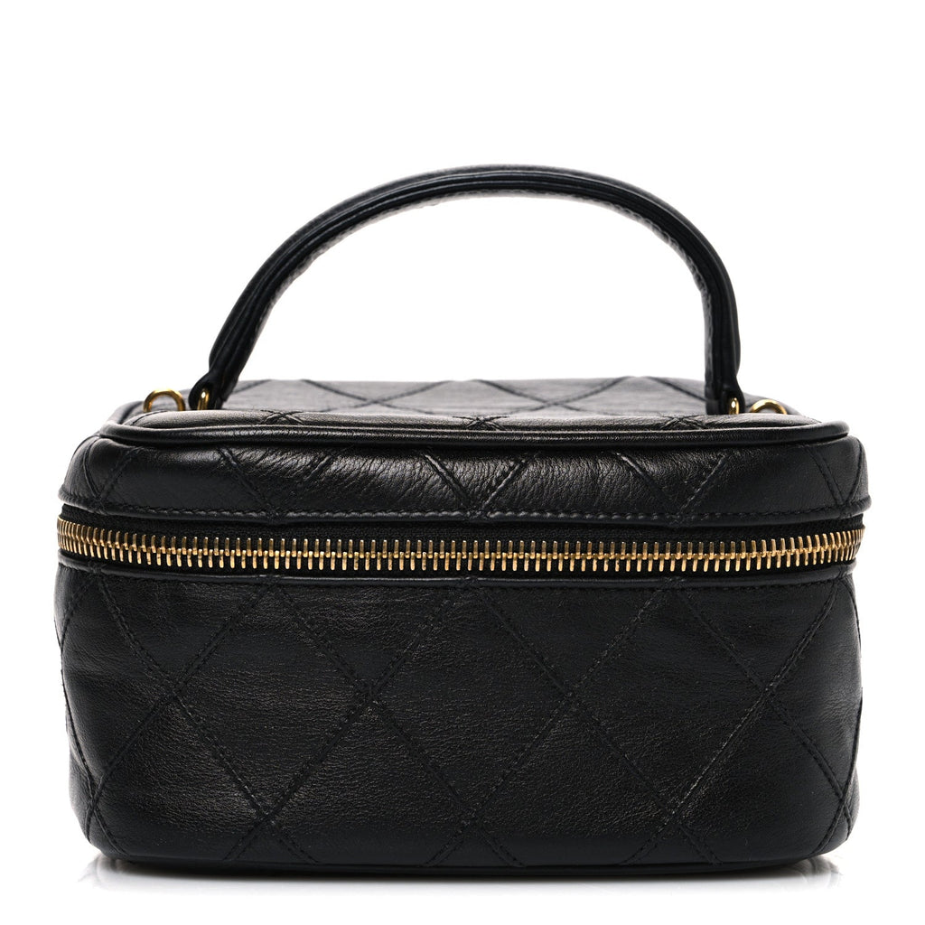 Lambskin Diamond Stitched Top Handle Vanity Case Black