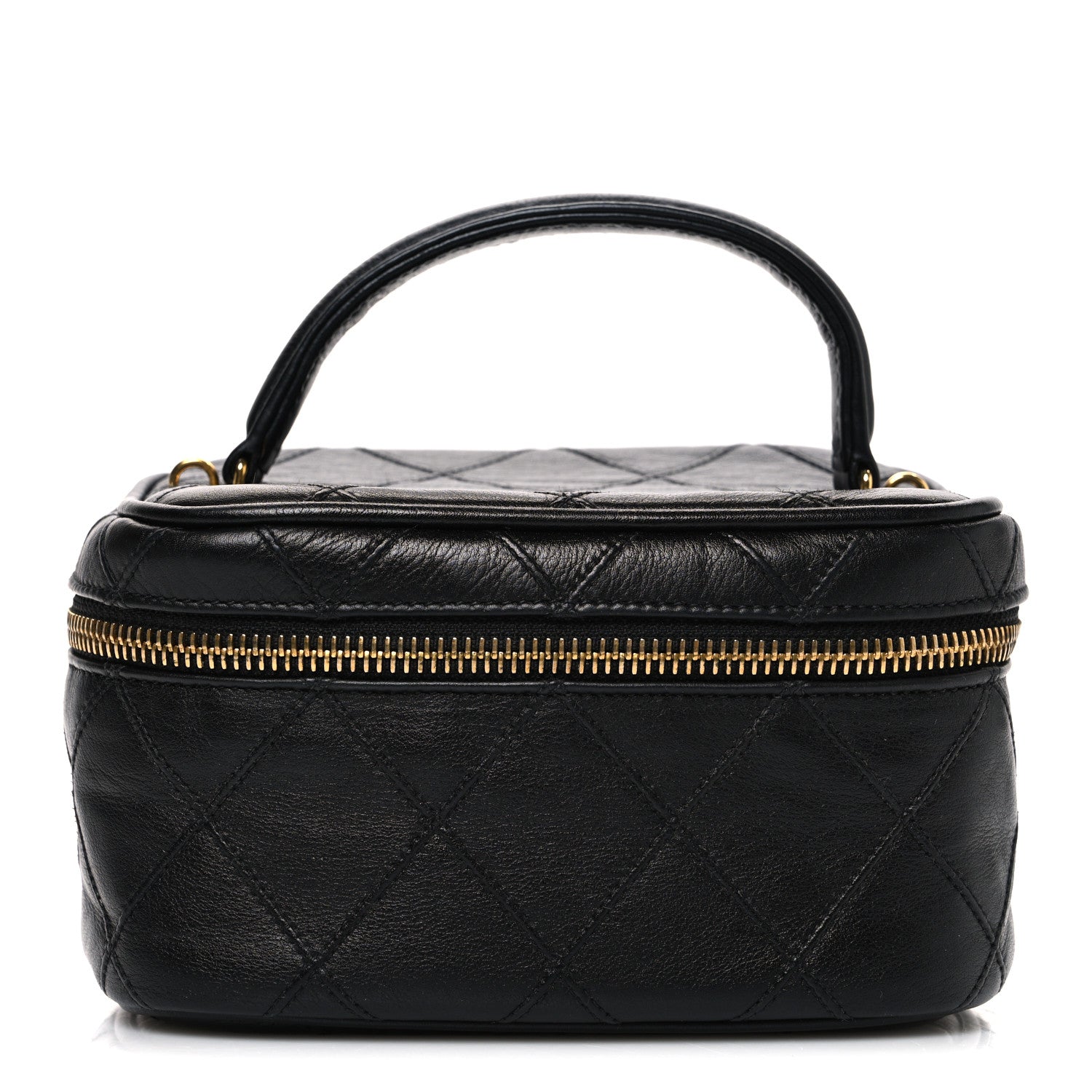 Lambskin Diamond Stitched Top Handle Vanity Case Black
