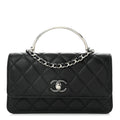 Lambskin Quilted Metal Top Handle Crossbody Flap Black