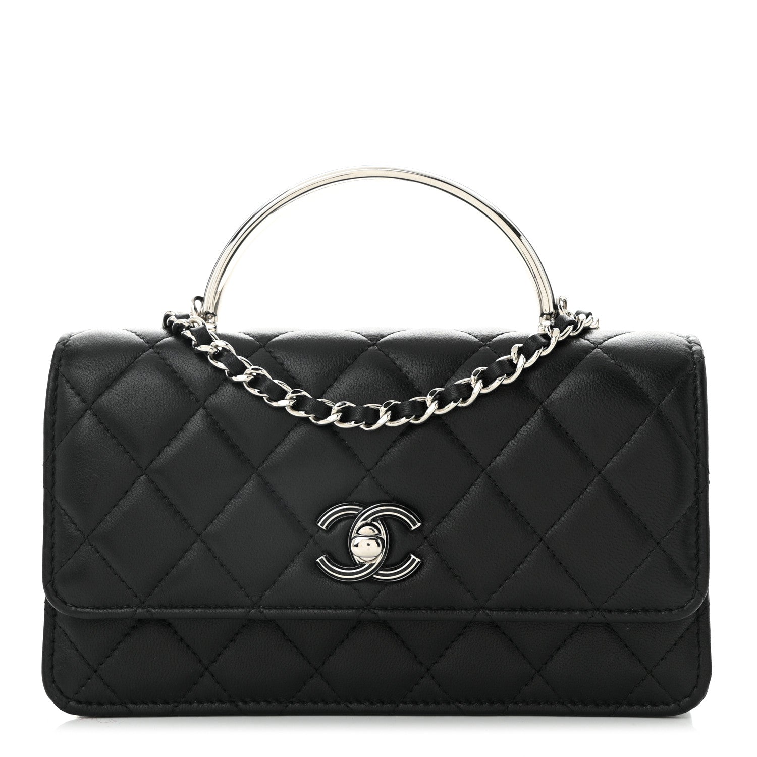 Lambskin Quilted Metal Top Handle Crossbody Flap Black