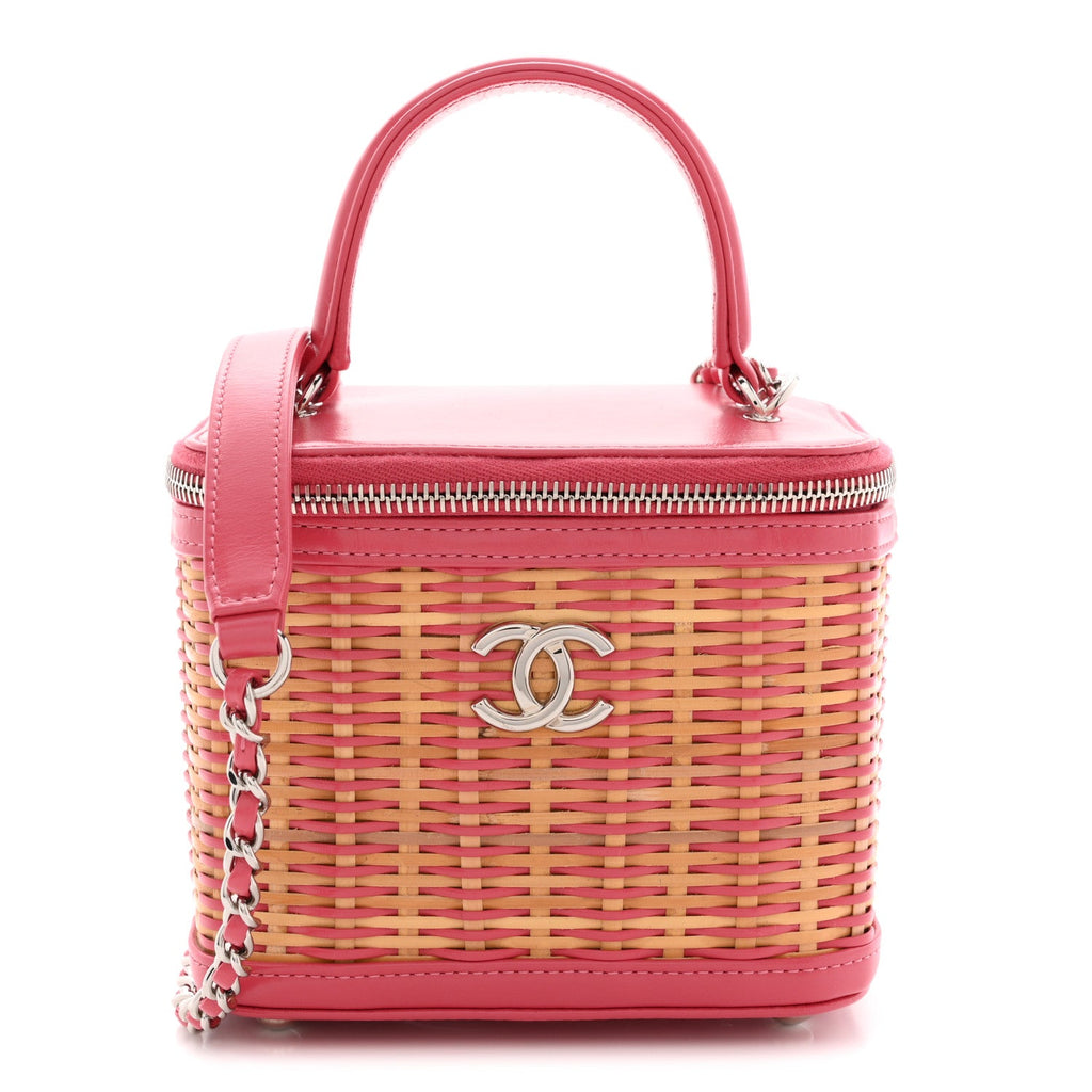 Calfskin Raffia Small Take Away Vanity Case Bag Pink Beige
