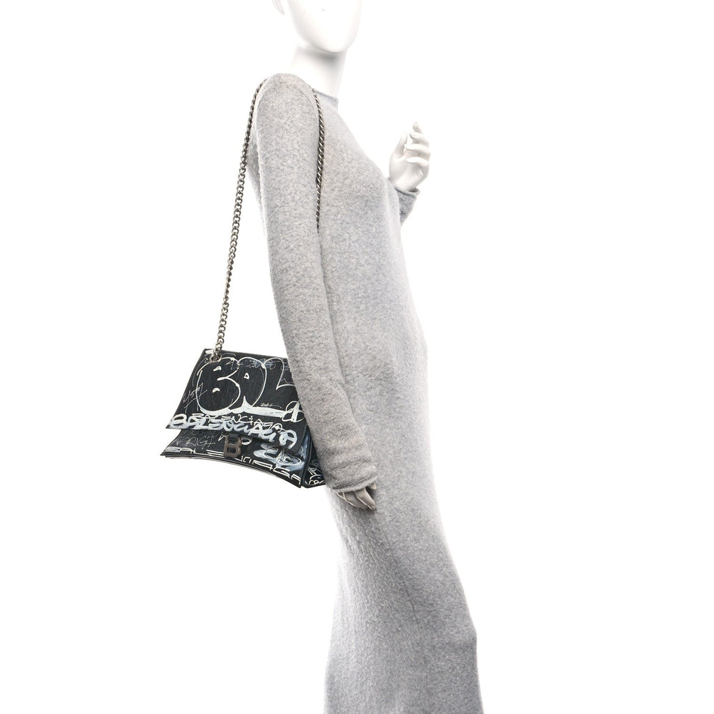 Agneau Arena Graffiti Medium Crush Chain Bag Black White