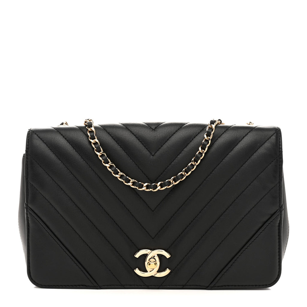 Calfskin Chevron Quilted Small Statement Flap Black