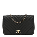 Calfskin Chevron Quilted Small Statement Flap Black