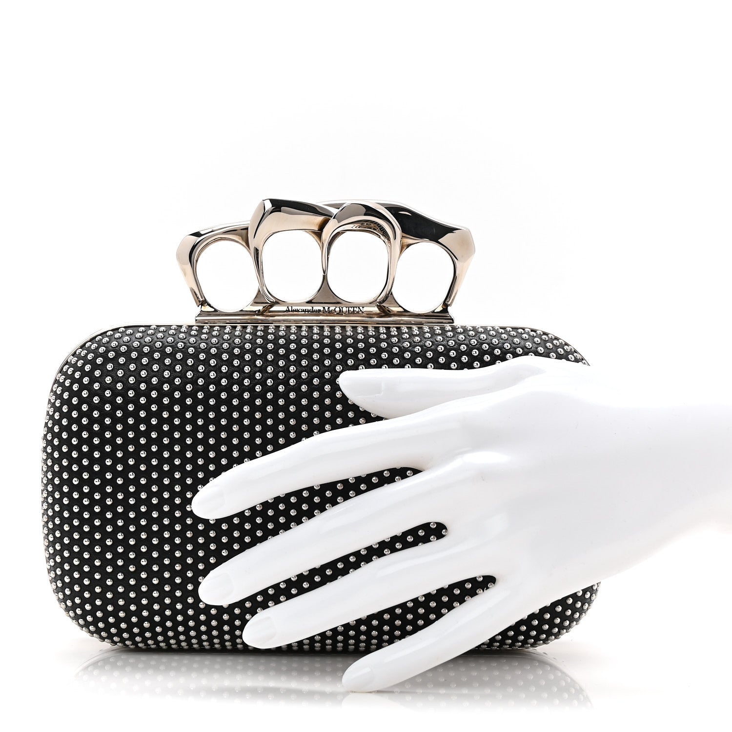 Calfskin Studded Skull Four Ring Knuckle Clutch Black