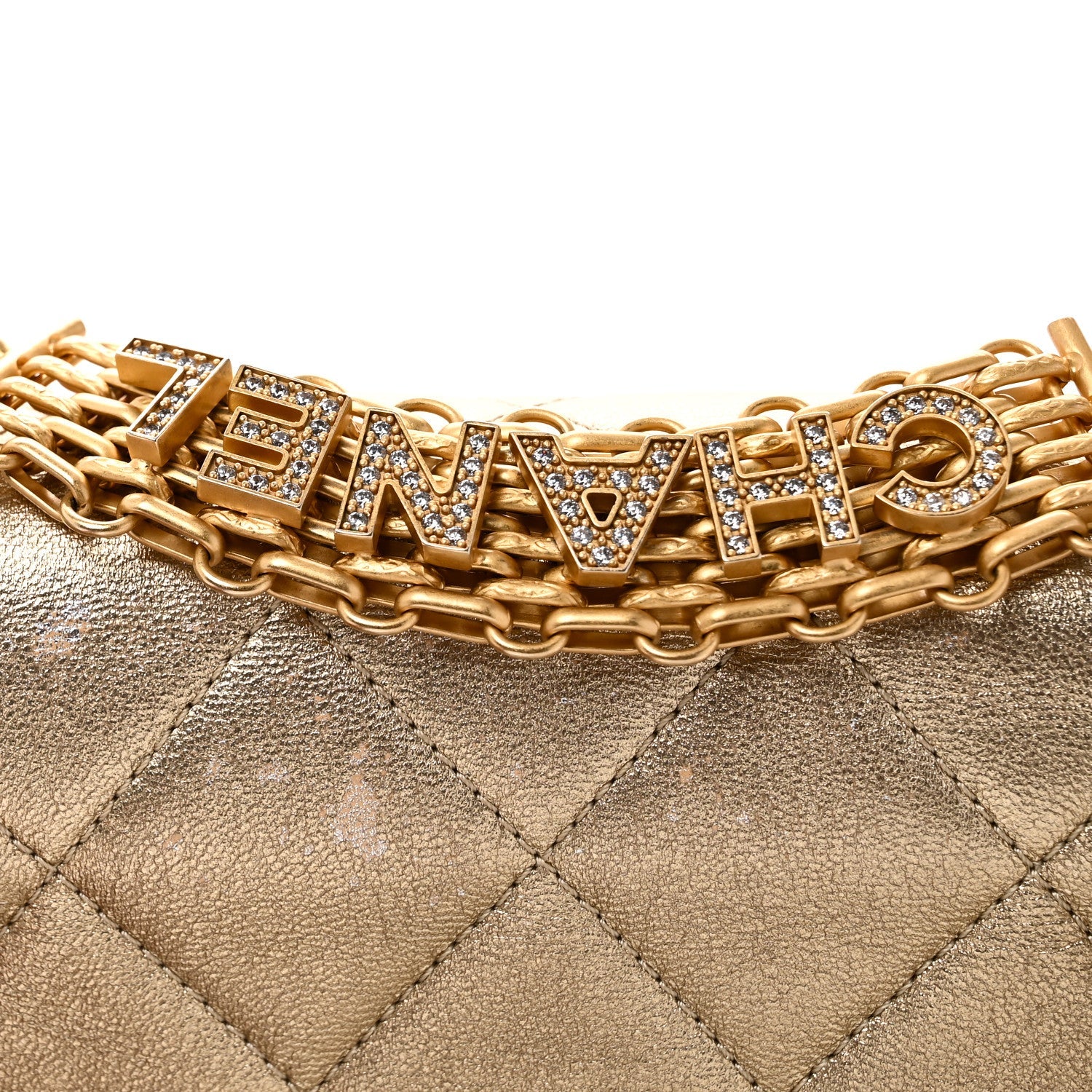 Metallic Lambskin Quilted Mini CC Crystal Logo Chain Flap Gold