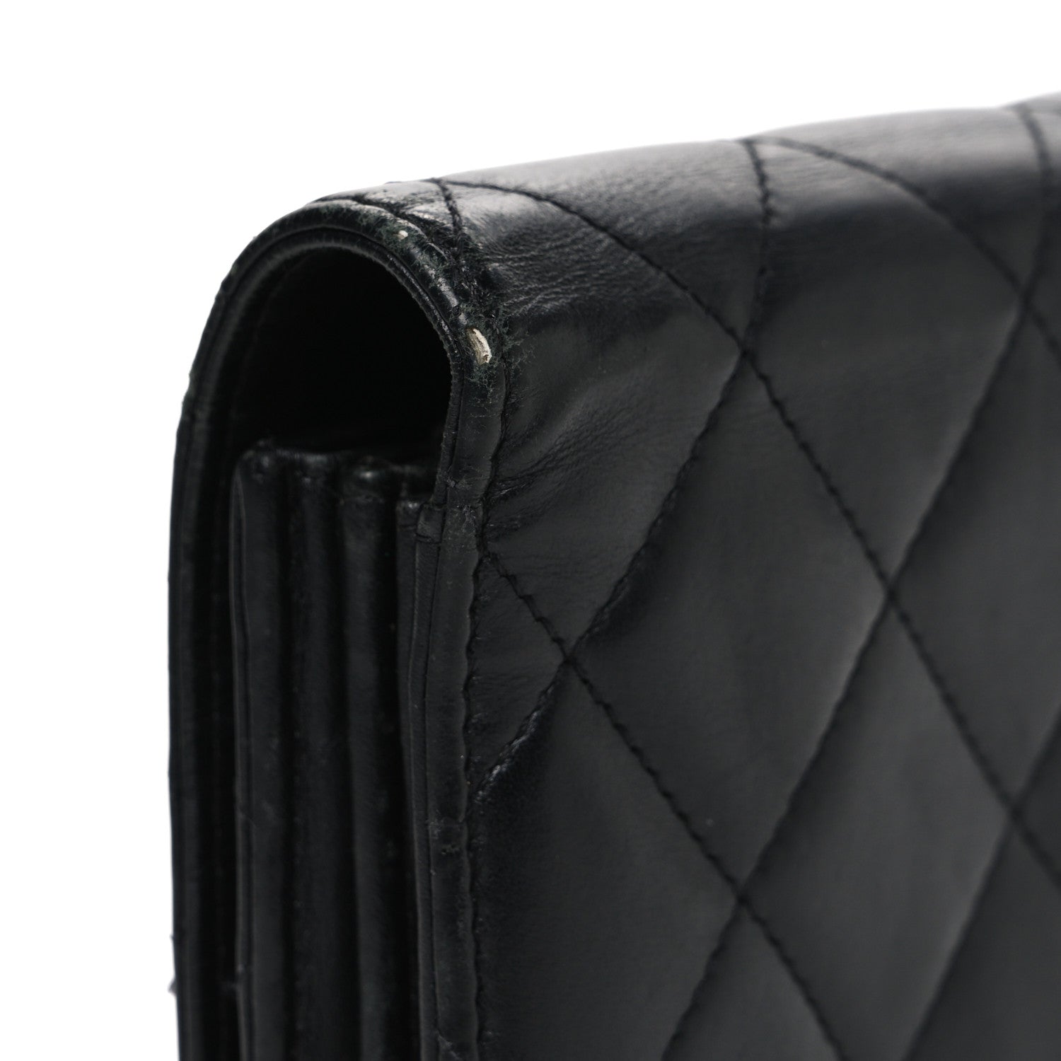 Calfskin Quilted Cambon Gusset Flap Wallet Black