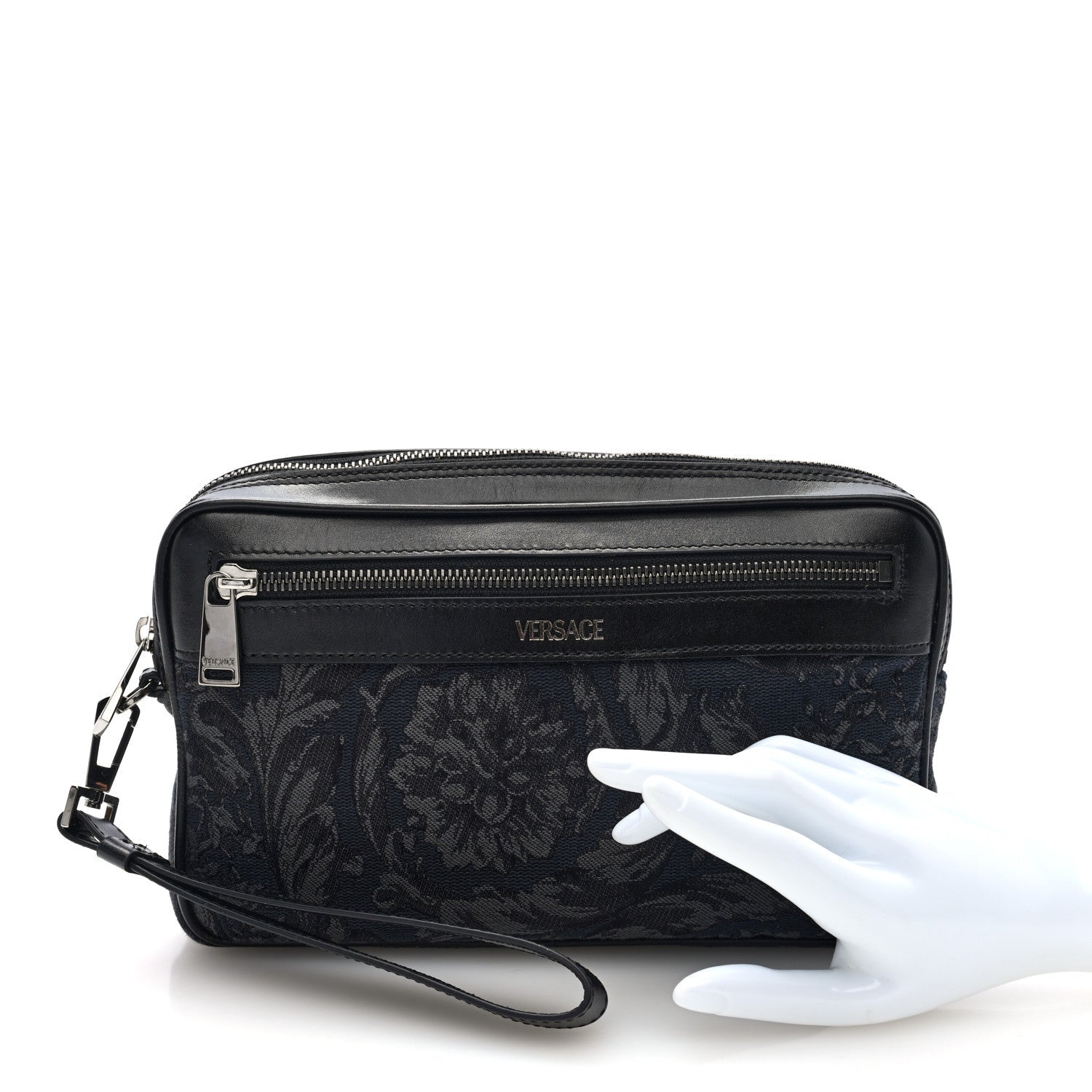 Fabric Jacquard Calfskin Barocco Wristlet Pouch Black