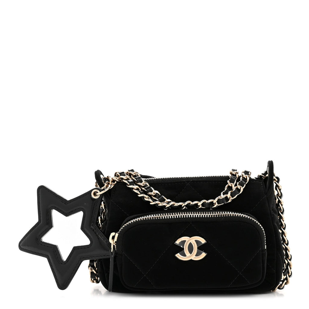 Velvet Effect Nylon Shiny Crumpled Calfskin Mini Quilted Chanel 25 Clutch With Chain Black
