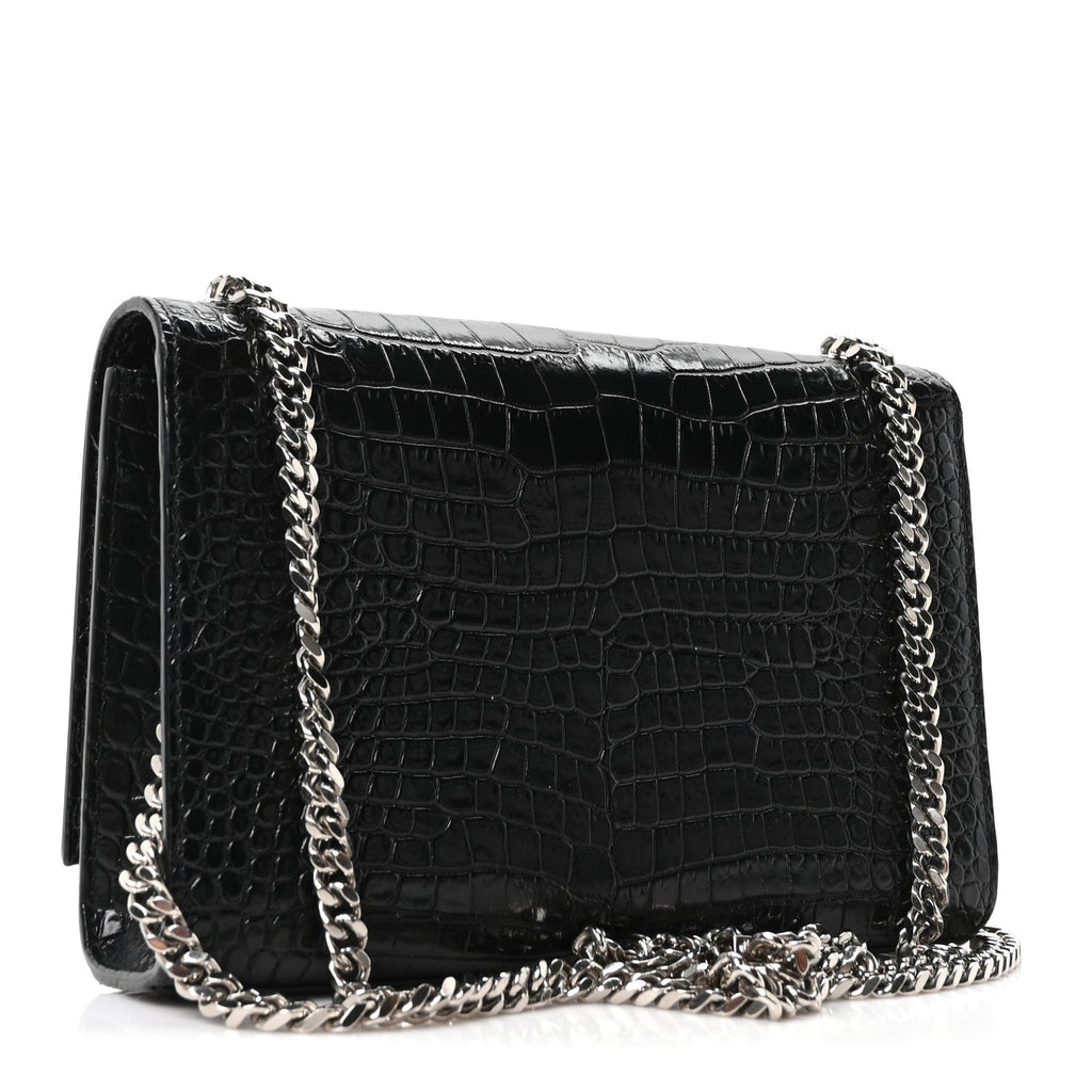 Calfskin Crocodile Embossed Small Classic Monogram Kate Tassel Satchel Black