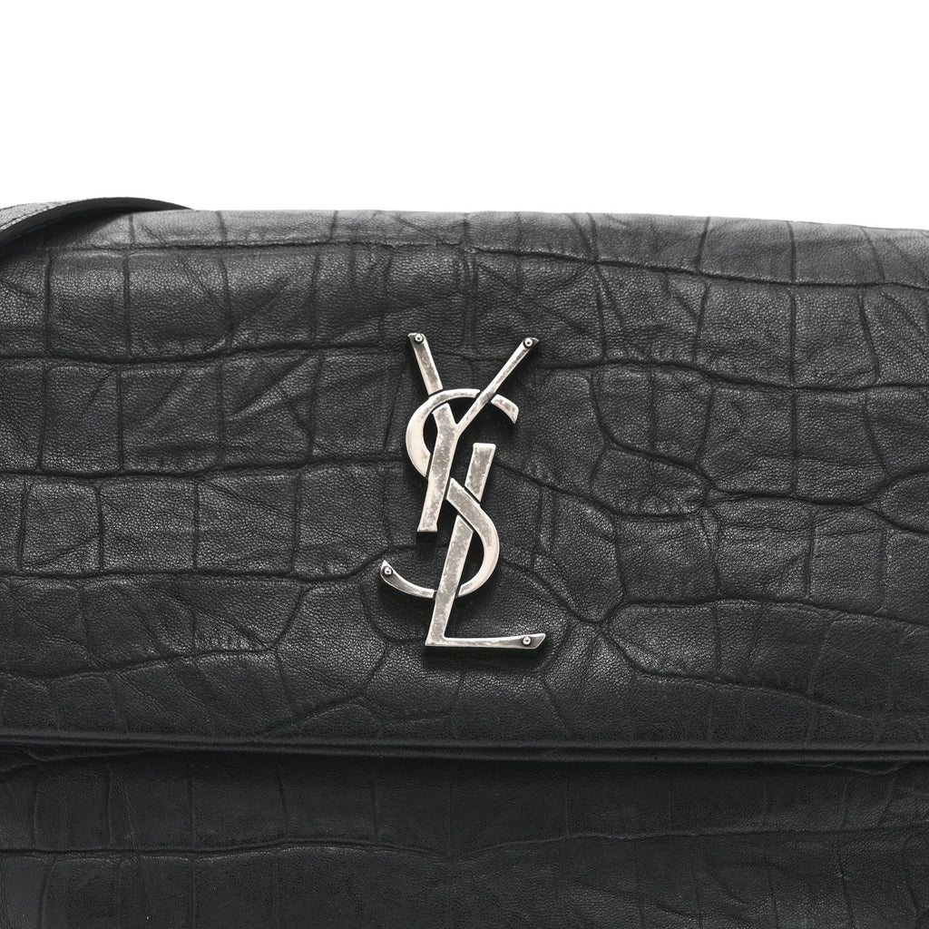 Calfskin Crocodile Embossed Medium West Hollywood Monogram Fold-Over Black