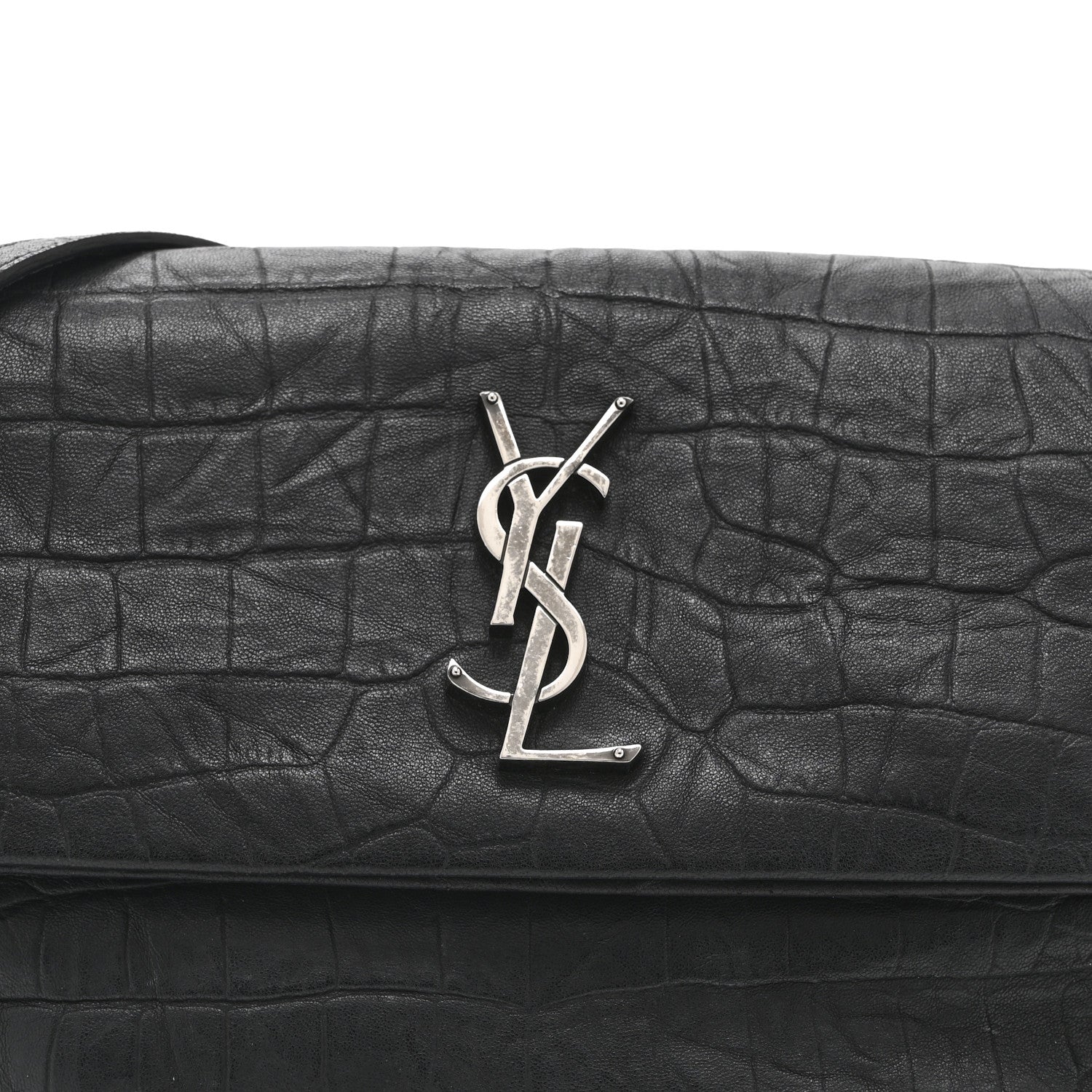 Calfskin Crocodile Embossed Medium West Hollywood Monogram Fold-Over Black