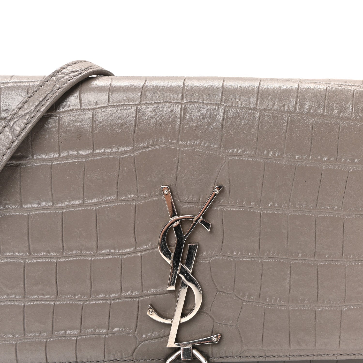 Calfskin Crocodile Embossed Kate Monogram Tassel Chain Wallet Fog